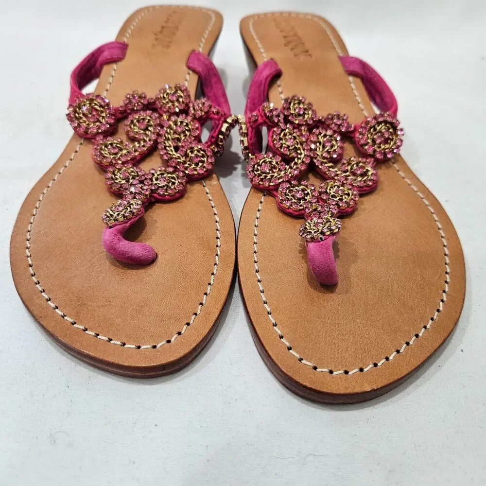 Mystique Womens Leather Jewel Wedge Flip Flops Size 8 Pink Embellished Summer